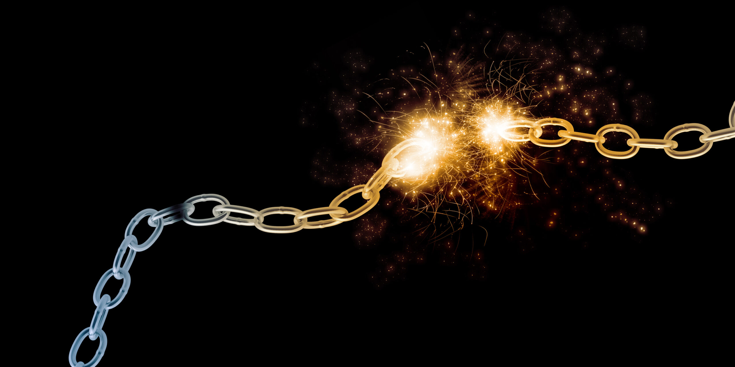 Steel chain Conceptual image with steel broken chain in lights